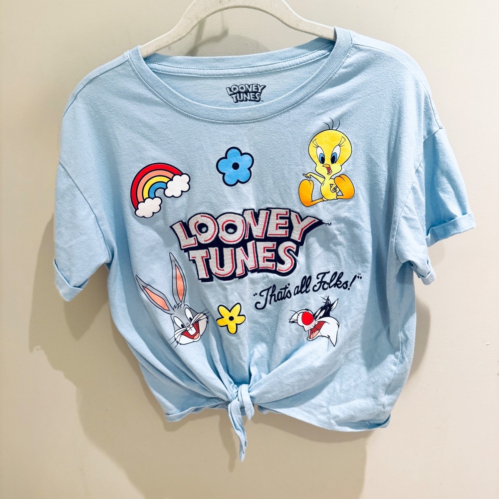 Looney Tunes Graphic T-Shirt Bugs Bunny Tweety Tie Front Blue M